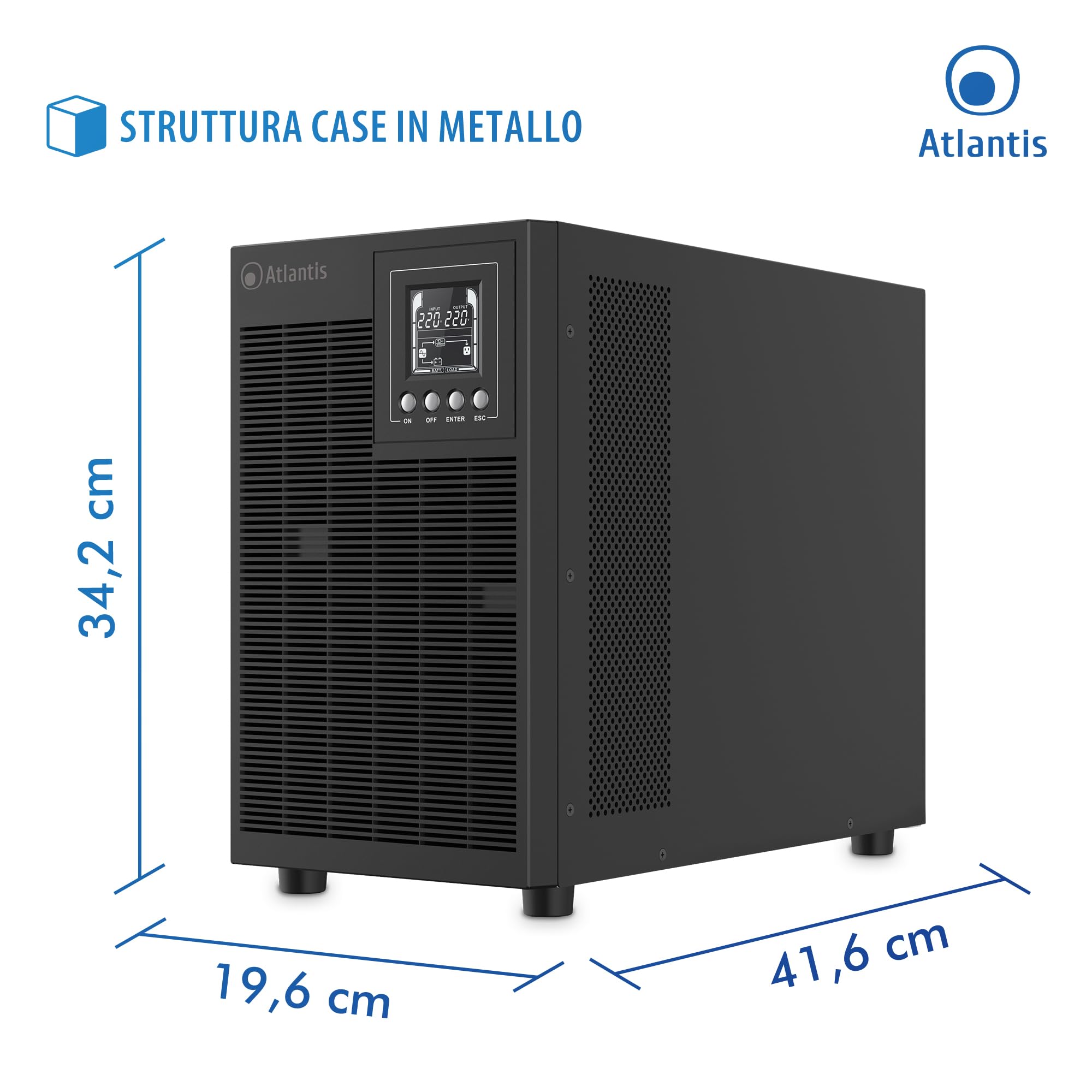 Atlantis A03-OP3002XLN UPS OnLine 75% Più Silenzioso Gruppo di Continuità Server Doppia conversione Onda Sinusoidale Pura 3000VA 2100W, Ventole Low Noise Gelid 31,3 dbA,USB,4 IEC, slot, 6x12V-9Ah