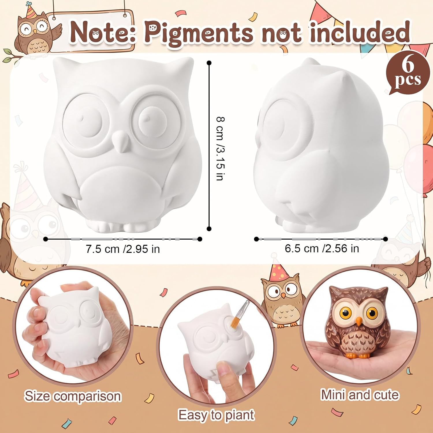 Ferrochef 6 Pack Owl Unpainted Ceramic Bisque, Color Your Own