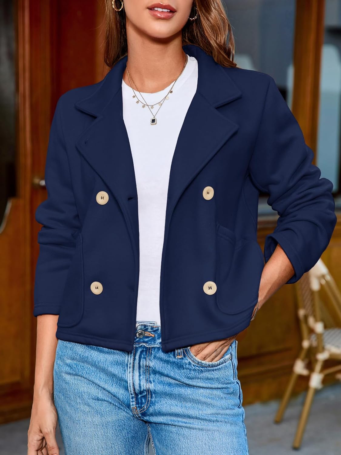 Fisoew Womens Cropped Blazers Business Casual Loose Fit Suits Double Breasted Open Front Cotton Blazer Jacket Navy
