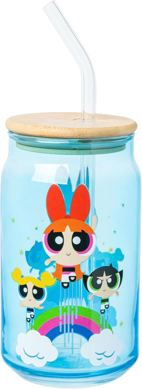Silver Buffalo The Powerpuff Girls Flying Through Rainbows Featuring Bubbles, Blossom, and Buttercup 2 Pack Blue Glass Jar Tumbler with Bamboo Lid and Glass Straw, 16 Ounces - Image 6