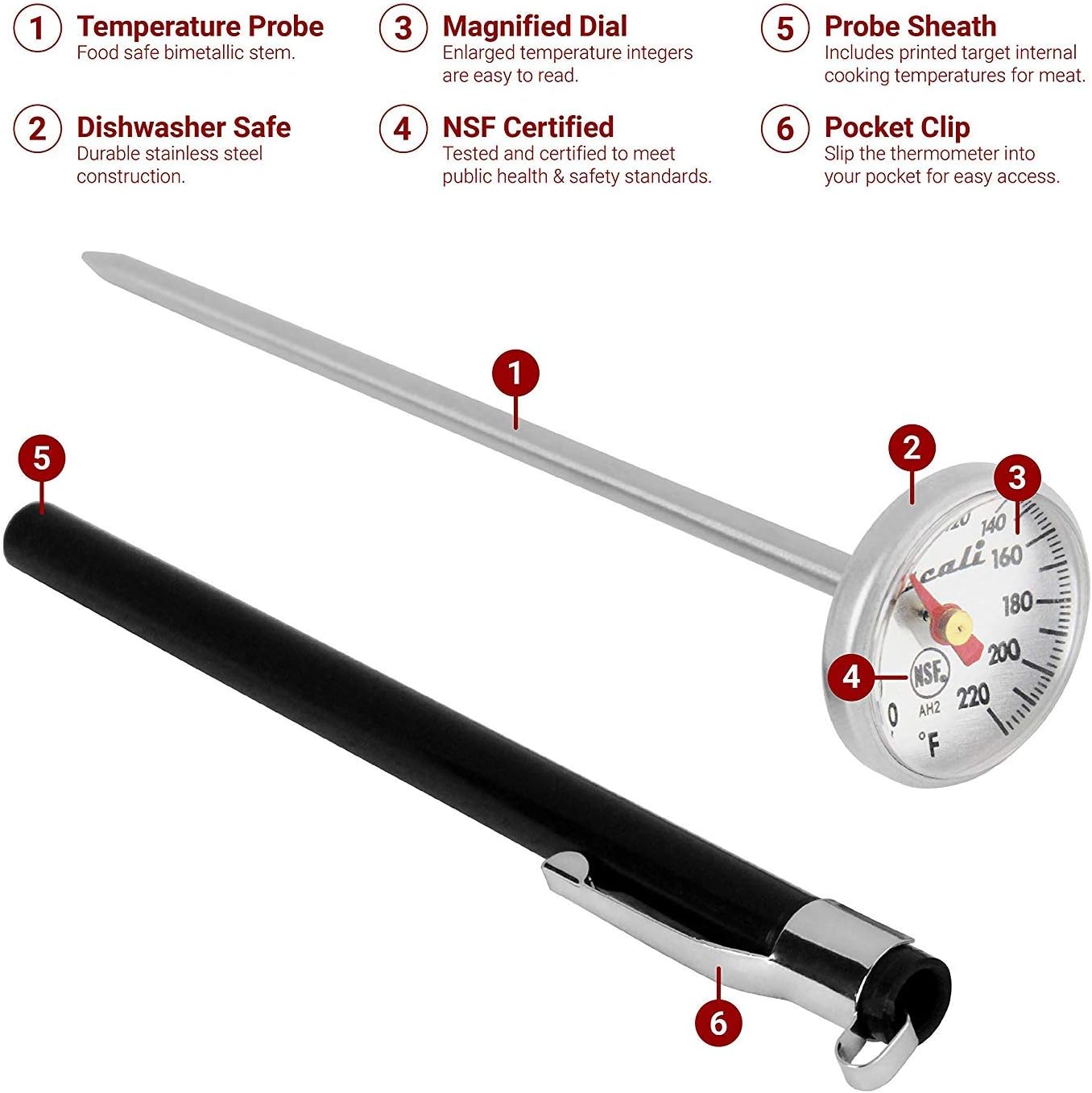 Escali AH2 NSF Certified Commercial Instant Read Small Dial Thermometer, Protective Sheath, Silver: Home & Kitchen