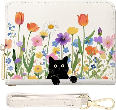 YINHEXI Womens Wallet, Detachable Wrist Strap Wristlet with 16 Card Slots, Accordion Holder, ID Window, Water-Resistant PU Leather for Small Purse Travel Daily Use Cat Flower-1