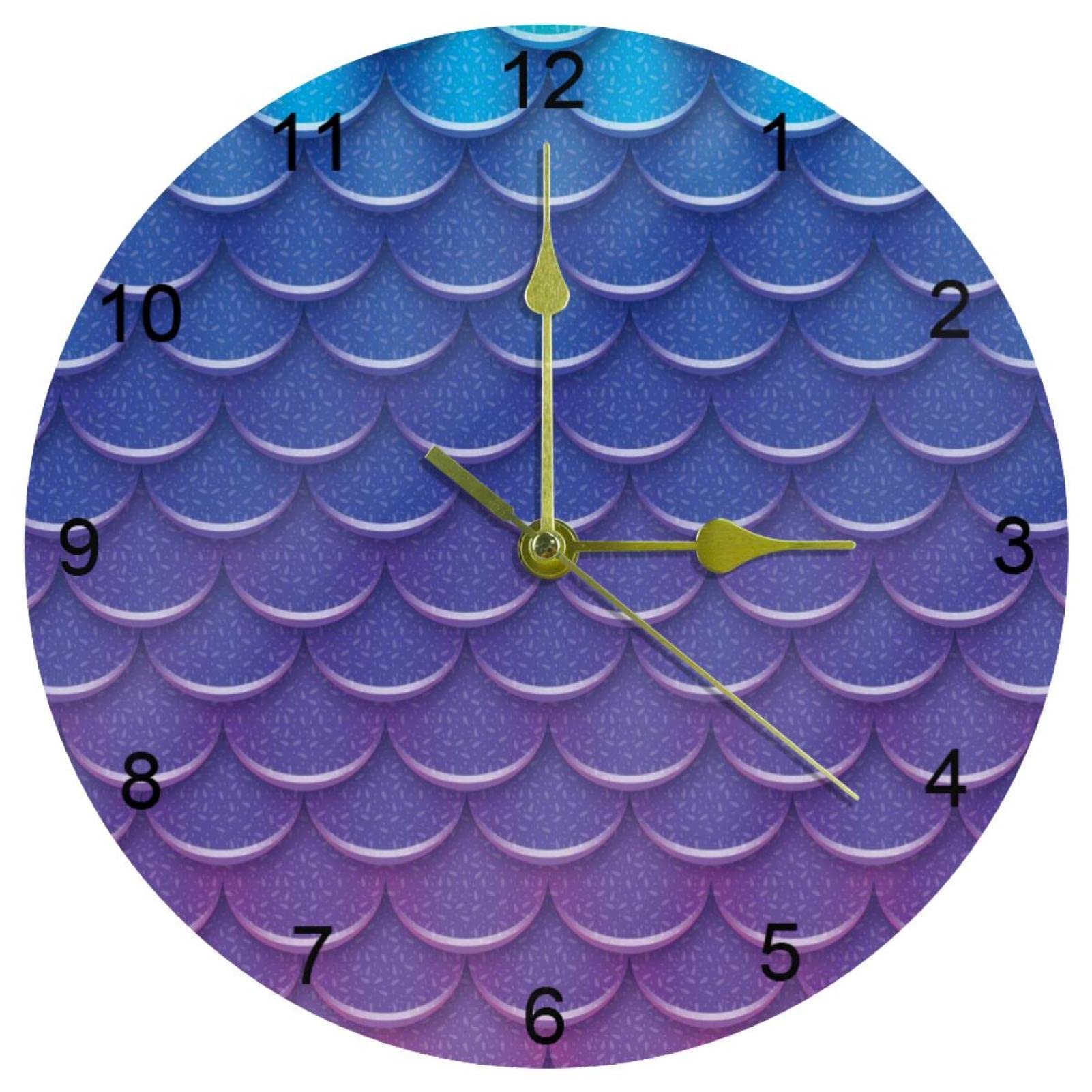 Horloge murale silencieuse à quartz balayage continu cadran sirène bleu violet de 25 cm