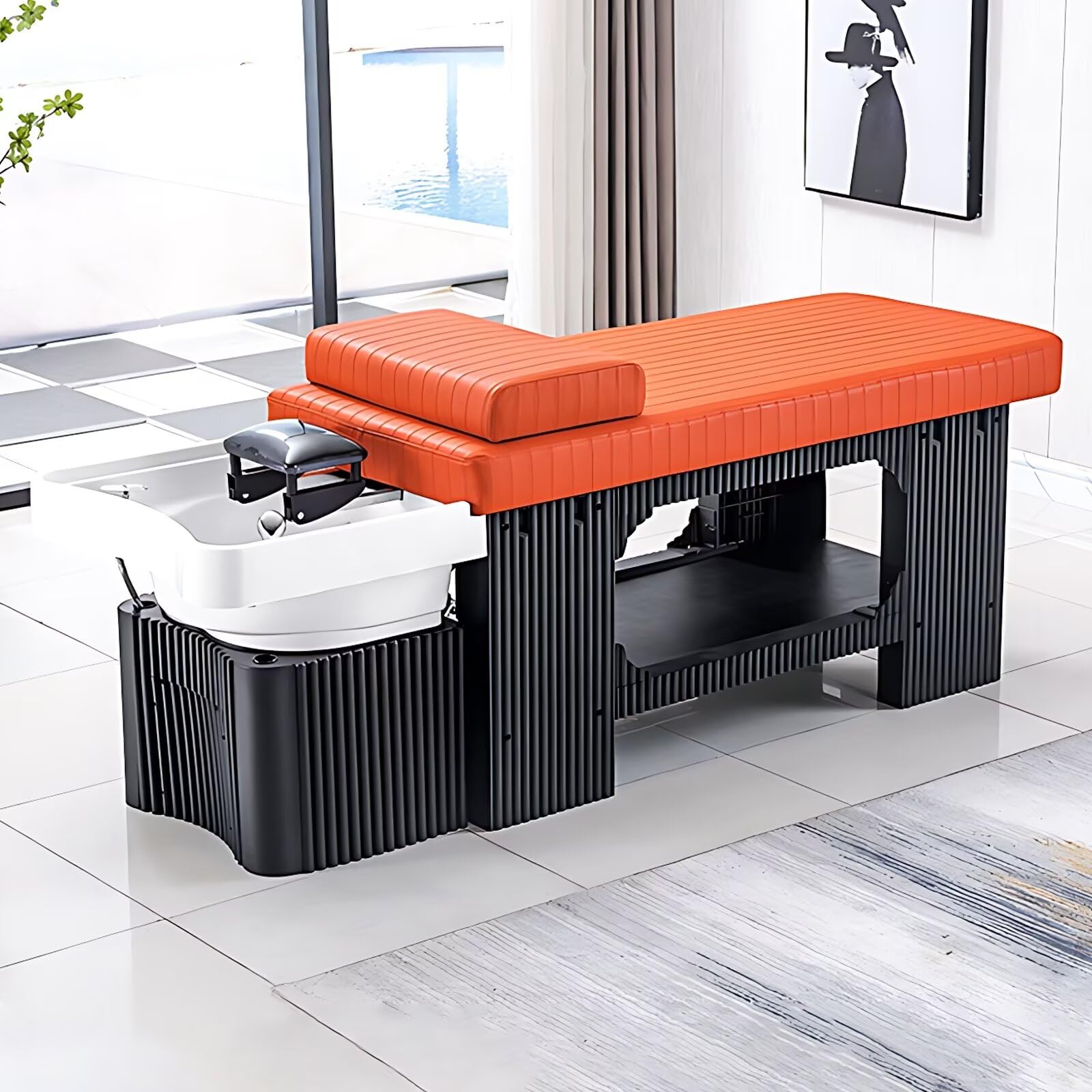 Massage Shampoo Bed with Fumigation Storage Luxury Orange Stripe Spa Beauty Bed for Head Spa Includes Comfortable Headrest