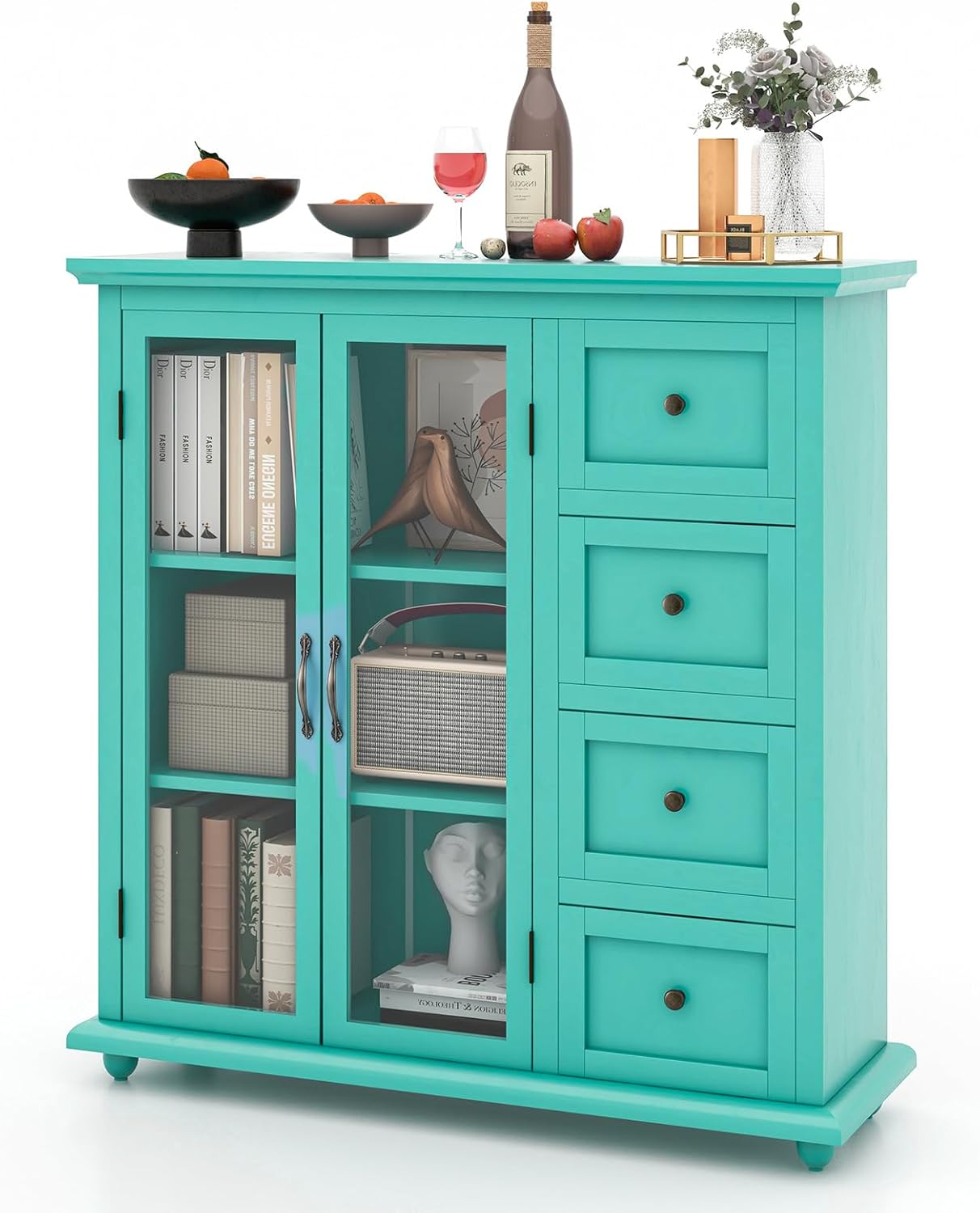 MAT EXPERT Buffet Cabinet with Glass Doors, Side Board Buffet Cabinet with 4 Drawers & Spacious Tabletop, Console Table, Kitchen Sideboard Cabinet for Dining Room, Home, Entryway (Green)