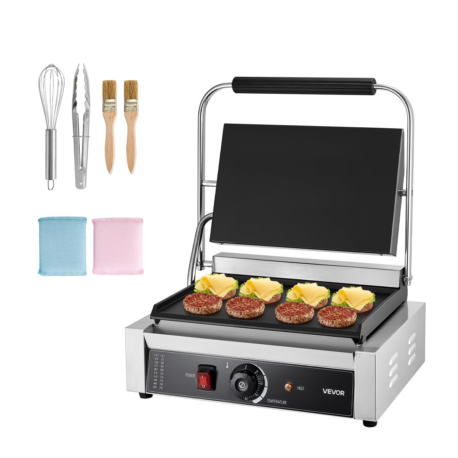 VEVOR Gril Panini Électrique 2200 W, Machine à Panini avec Plaque Émaillée Plate de 34,2x23,5 cm, Appareil à Sandwich en Inox, avec Poignée et Contrôle de la Température, pour Hamburger, Steak
