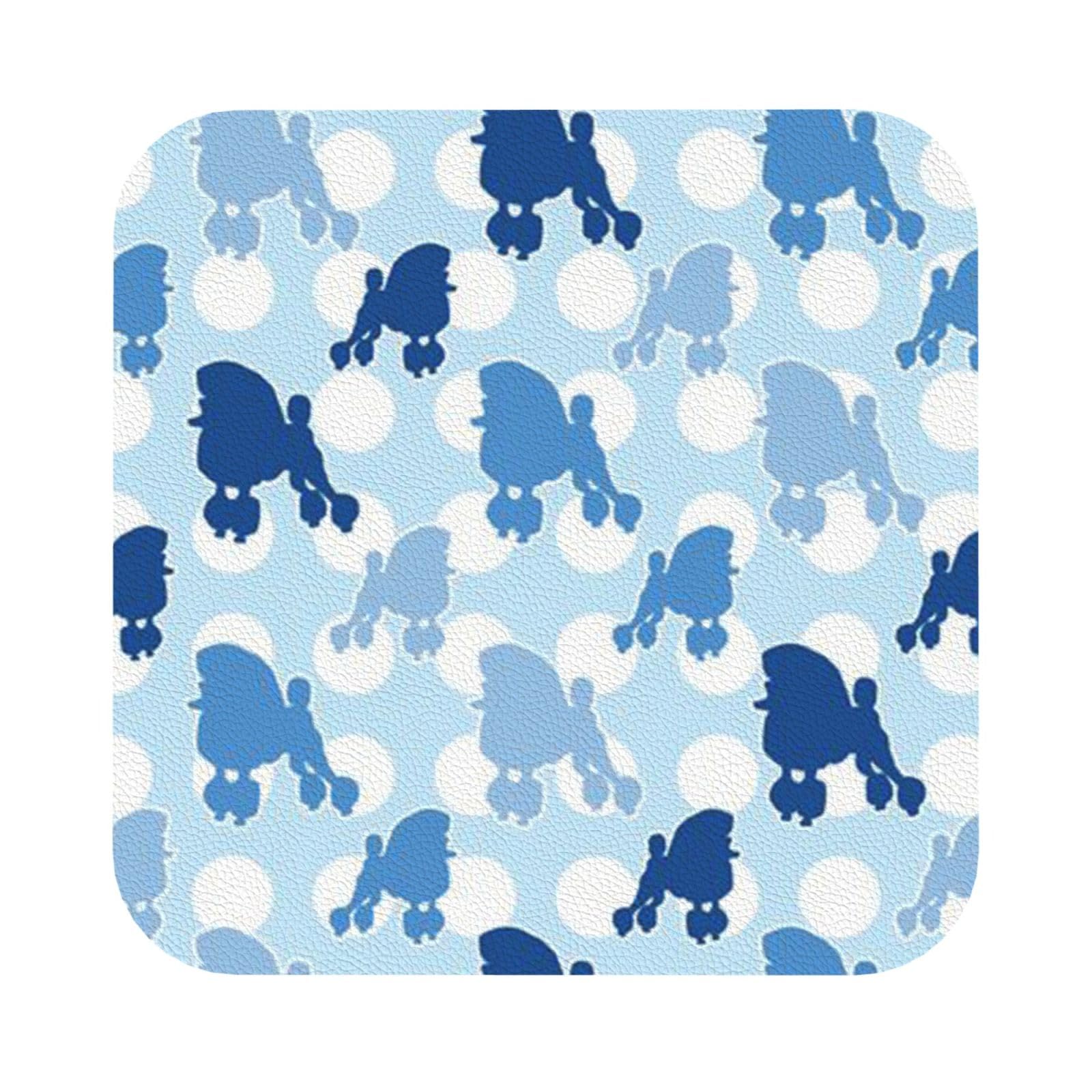Blue Poodle Polka Dot PU Leather Coasters Set of 6 Square Drink Coasters