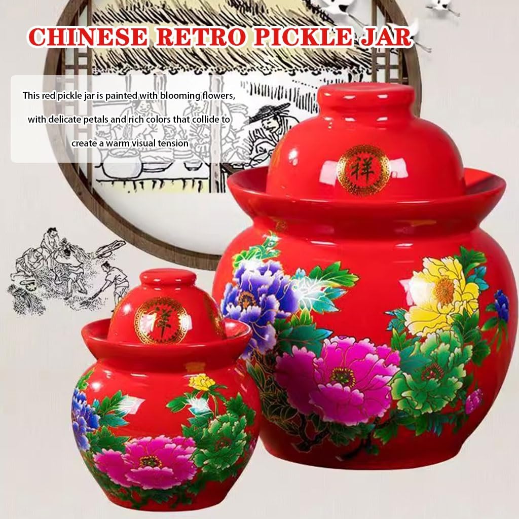 Chinese Style Flower Pattern Pickle Jar, Thickened Ceramic Fermentation Tank, Water Seal Design, Large Capacity Pickling Container(4kg/141.1oz)