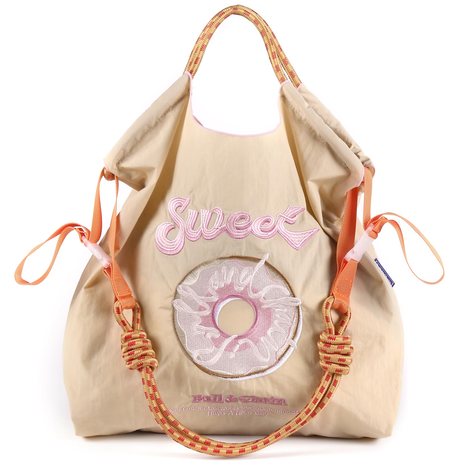 Ball&Chain Embroidered Doughnut Pattern Tote Bag，Women's Leisure Shopping Bag, 15x16 inches