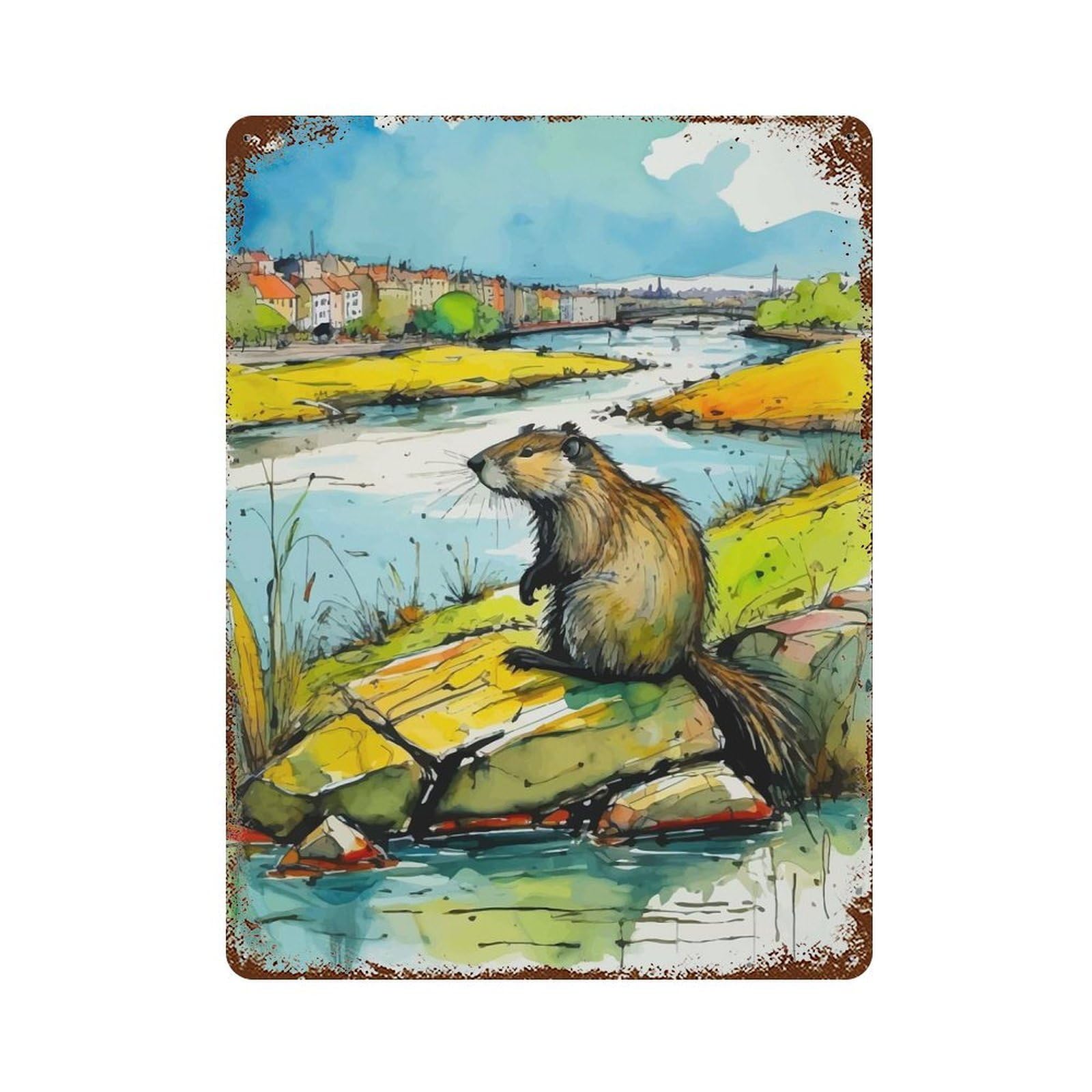 Distressed Metal Wall Sign Nutria Watercolor 15.7"x11.8", Retro Wall Decor for Basement, Hobby Room And Garage Decor