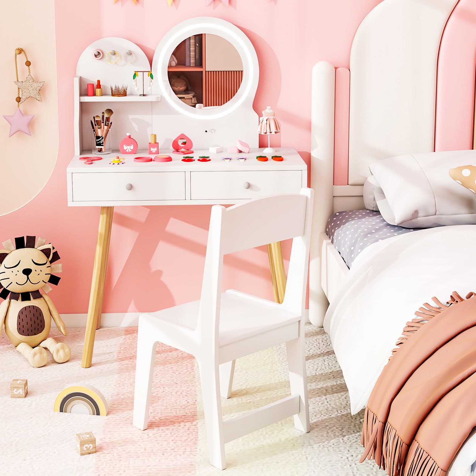DREAMADE Schminktisch Kinder, Schminktisch aus Holz mit 2-Farbiger LED-Lichtern, Kinderschminktisch mit offener Ablage & 2 Schubladen & 3 Haken, Prinzessin Frisiertisch für Kinder ab 3 Jahren (Weiß)
