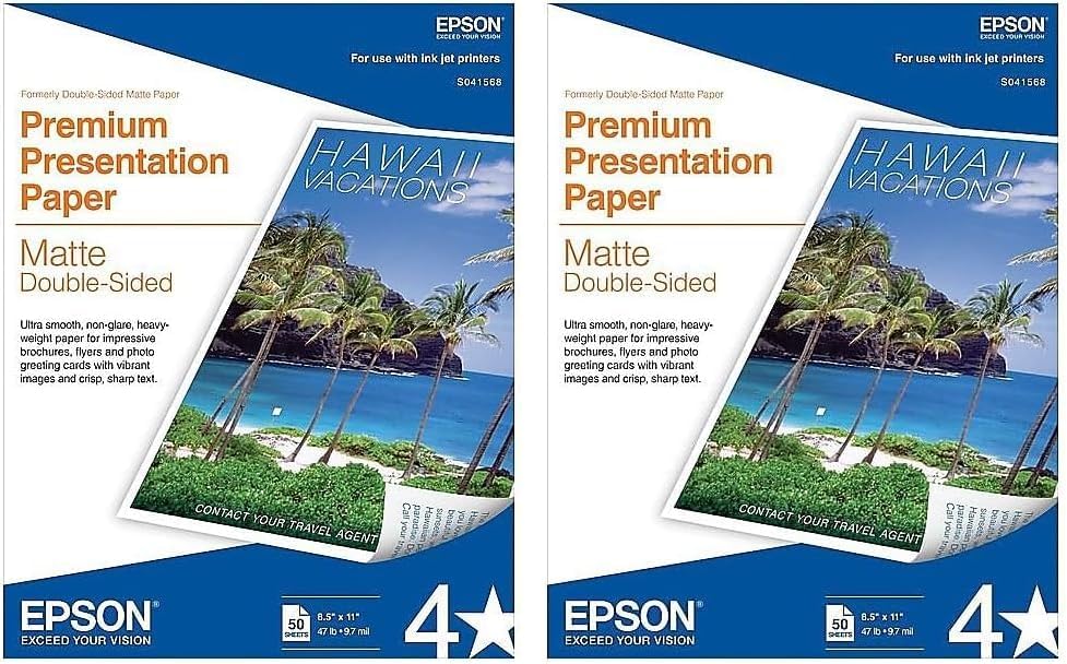 Epson Papel de presentación premium mate (8.5 x 11 pulgadas, doble cara, 50 hojas) (S041568), blanco brillante (paquete de 2)