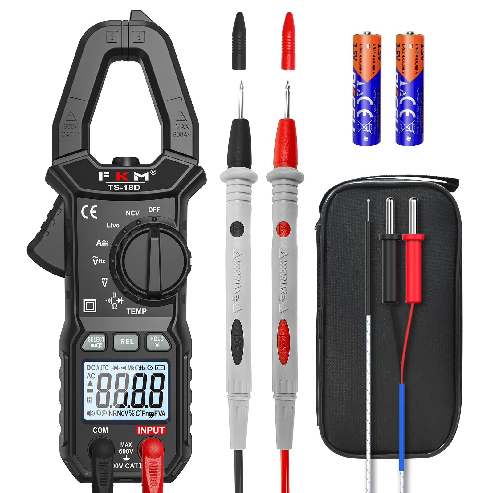 FKM AC/DC 600 Amp Clamp Meter Digital Multimeter Tester TRMS 6000 Counts | Auto-ranging Voltage Tester,for AC/DC Current,AC/DC Voltage,NCV Detection,Capacitance,Resistance,Ohm,Continuity,Diode,Hz,Temp Grey Black-18D-AC/DC Current