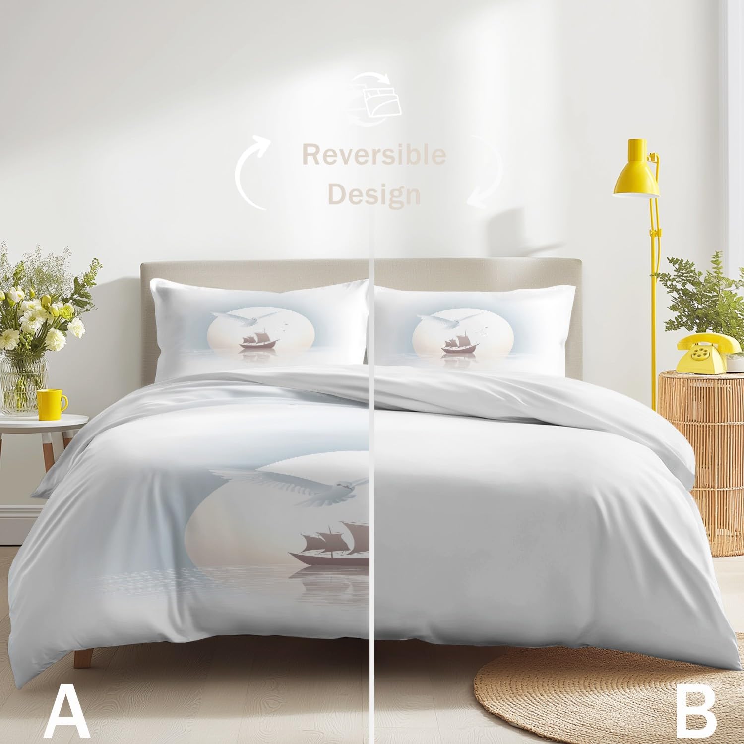 Genérico Funda Nordica Cama 135-200 x 200 cm, Suave Microfibra Juego de Funda Edredon, Grácil Velero Gaviota Luna para Niños, Blanco, Minimalista, Reversible, Agradable para la Piel