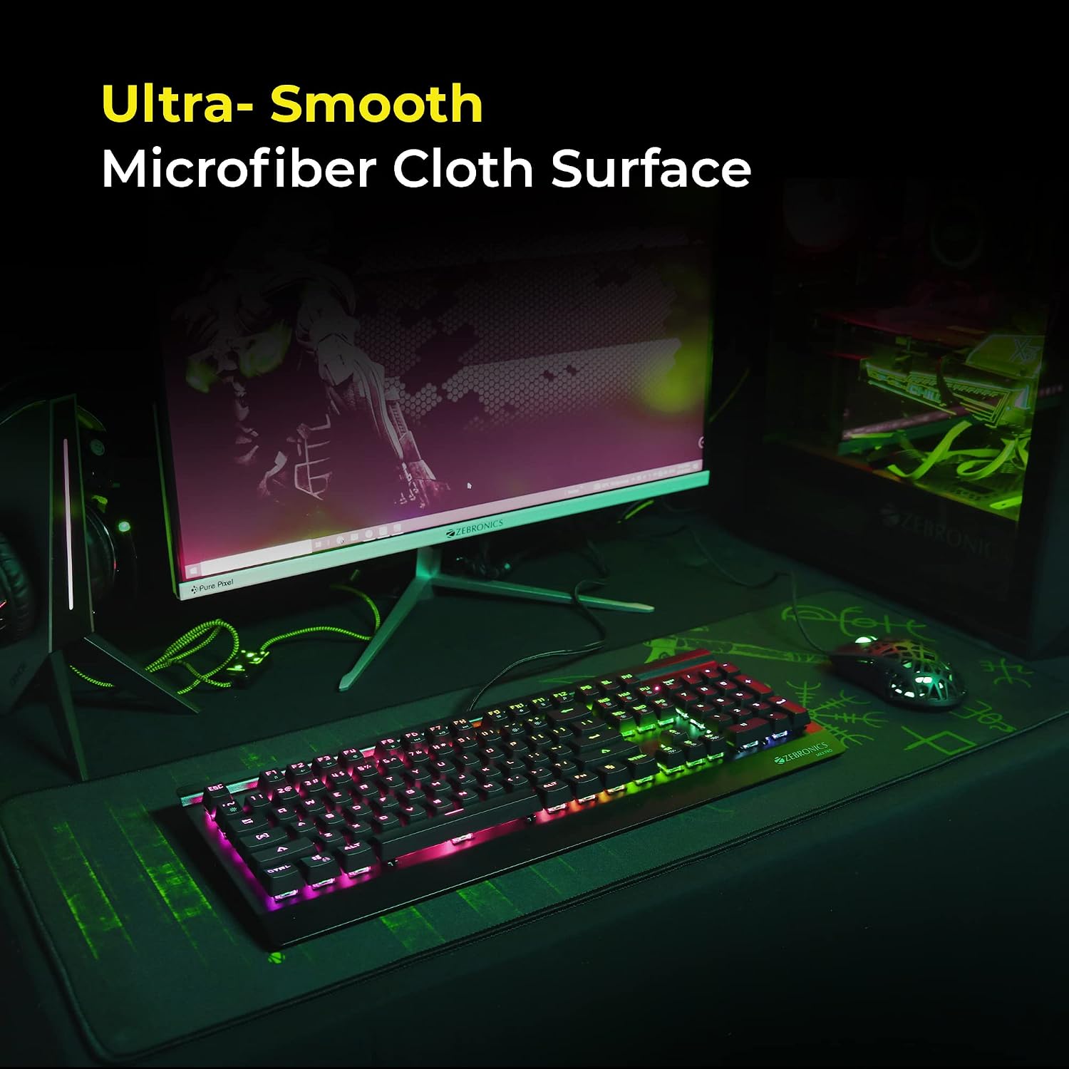 ZEBRONICS Firestorm Gaming Mouse pad for All Mouse sensors with Micro-Textured Fabric Surface, Anti Slip Rubber Base, 800x300mm Size, 4mm Thickness and a Portable roll and go Design, XL