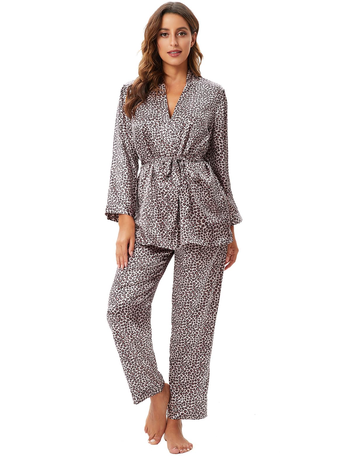 Escalier Women's Floral Silk Satin 3Pc Pajama Set Cami Robe Pants Sleepwear