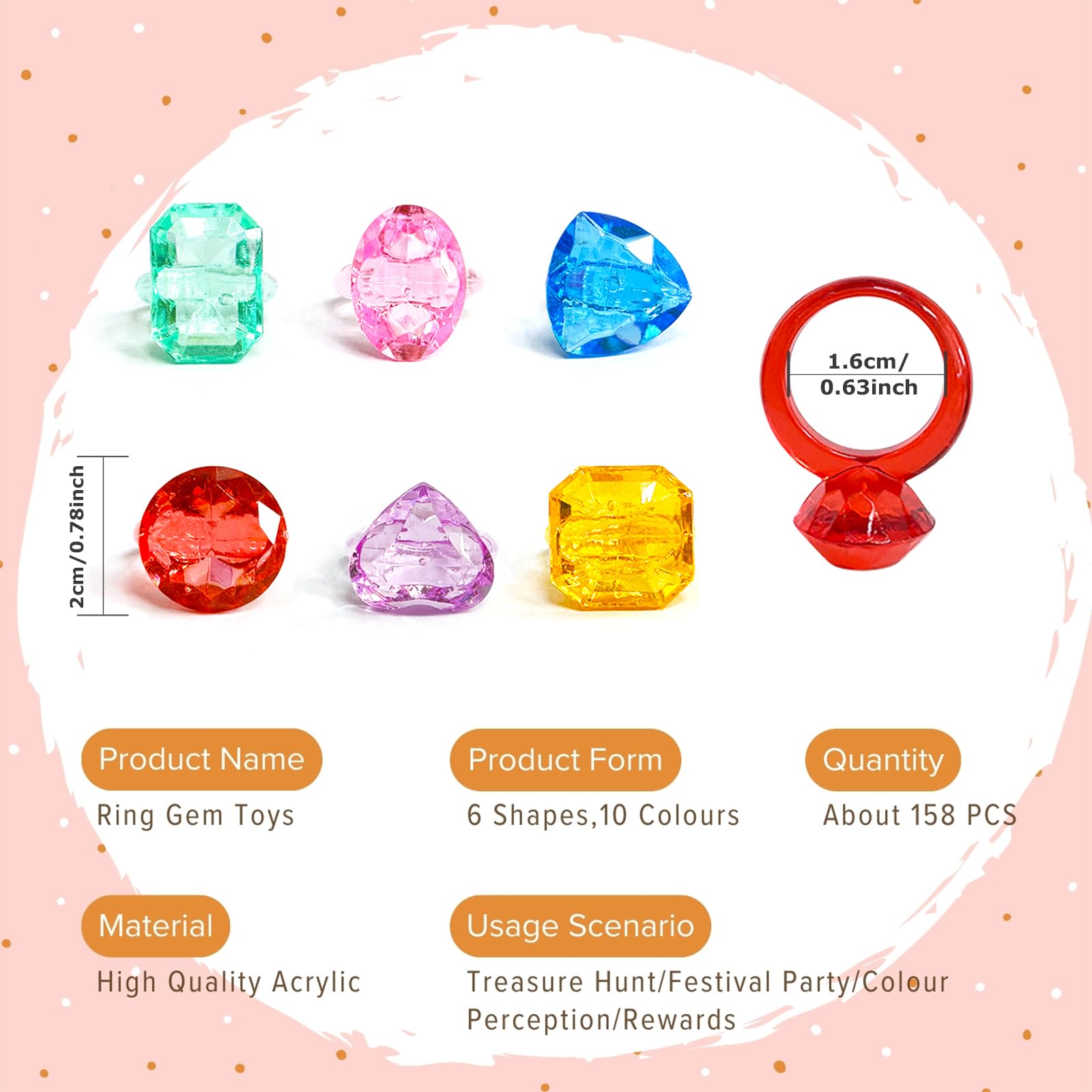 Plastikowe pierścionki akrylowe, różne kształty, różne kolory, diamentowe pierścionki, na imprezę | zabawka karnawałowa | torba upominkowa | Birthday for Girl/Kids