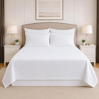 Mattress-Homes Extra Deep Pocket 6 Piece King Sheet Set, Hotel Luxury Collection, 100% Egyptian Cotton, 21" Deep Fitted Sheet, Soft, Cool & Breathable Bedding with 4 Pillowcases in White Stripe