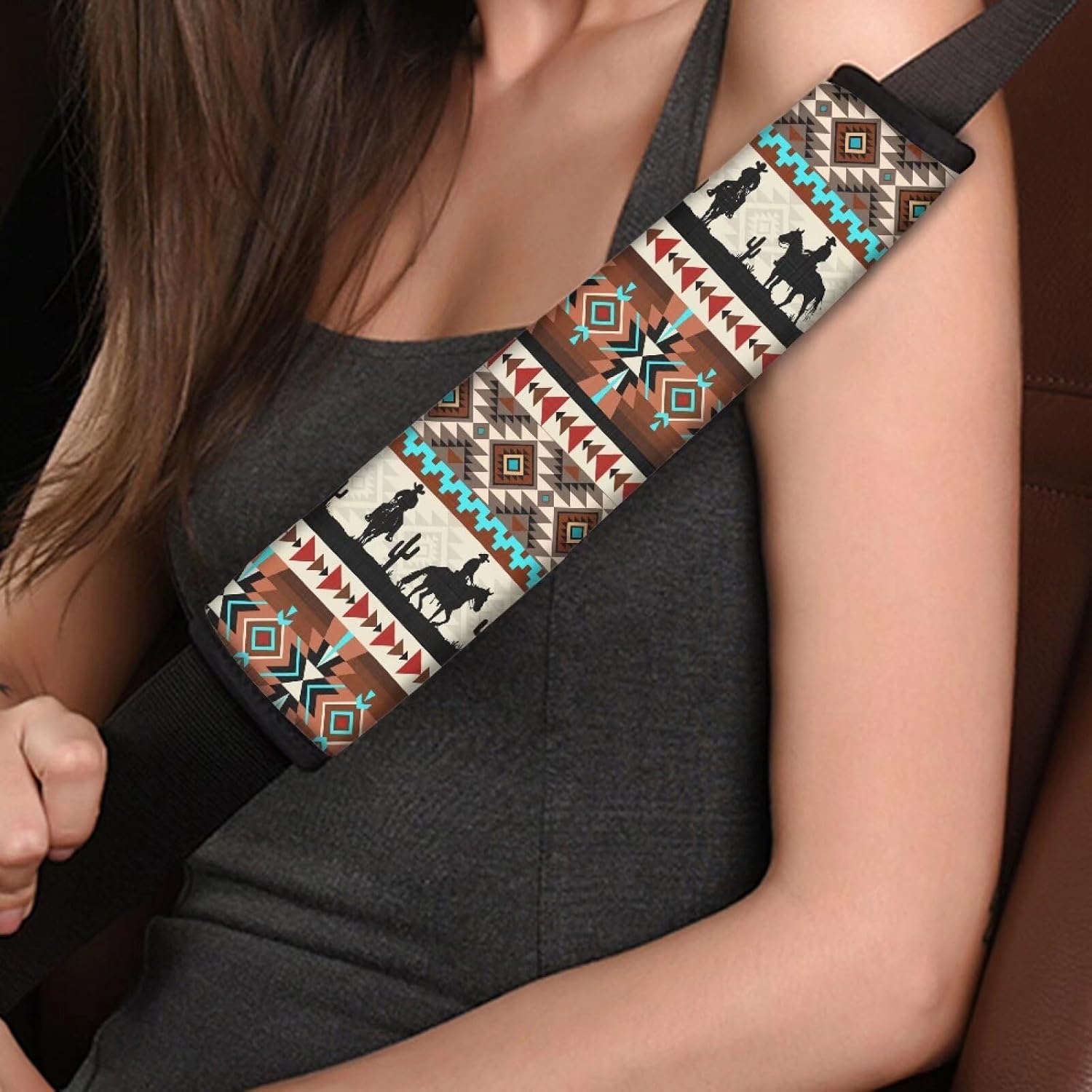 SEANATIVE Western Aztec Horse Car Seat Neck Cover, Car Seat Strap Cover, Seat Belt Cushions Pads, Shoulder Strap Protectors, Reversible Pram Covers image 4