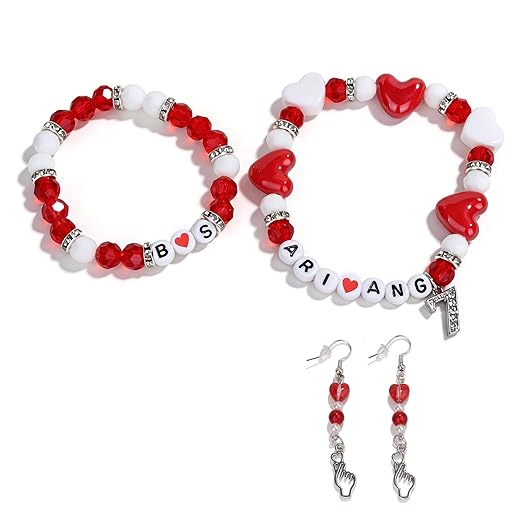 Red Heart Beaded Bracelet Set with Earrings, Letter Bead Bracelet, Cute Heart Charm Jewelry, Concert Outfit Accessory, Friendship Bracelet Gift