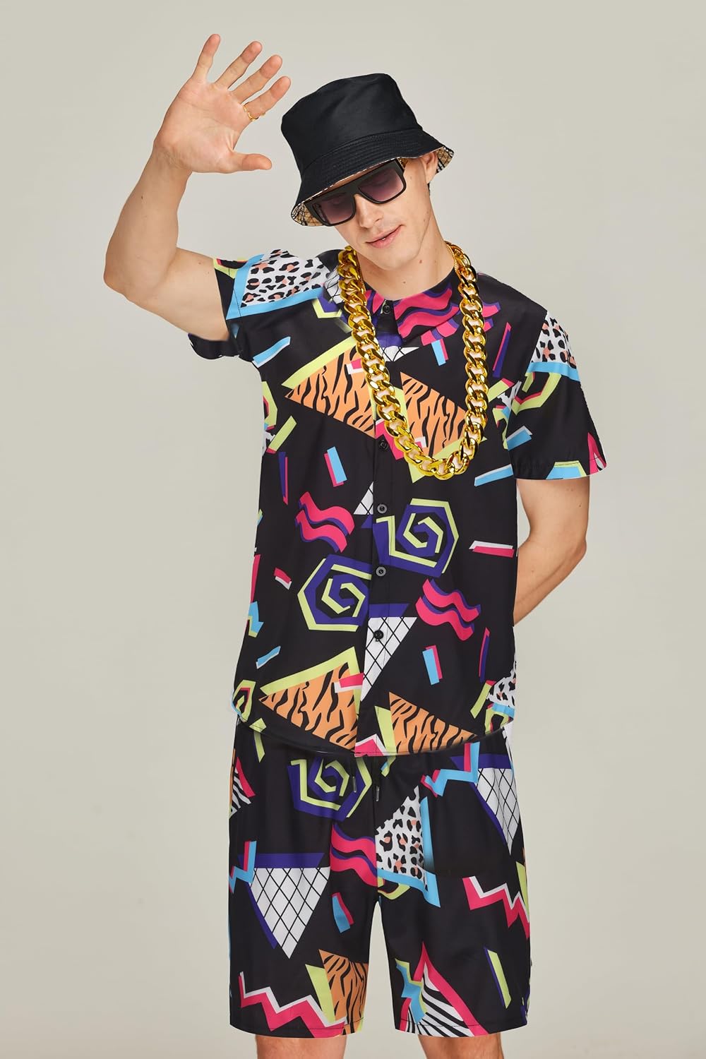 Gionforsy 80s 90s Hip Hop Outfit Accessories Set for Men Rapper Rocker Accessories Bucket Hat Sunglasses Gold Chain Bracelet