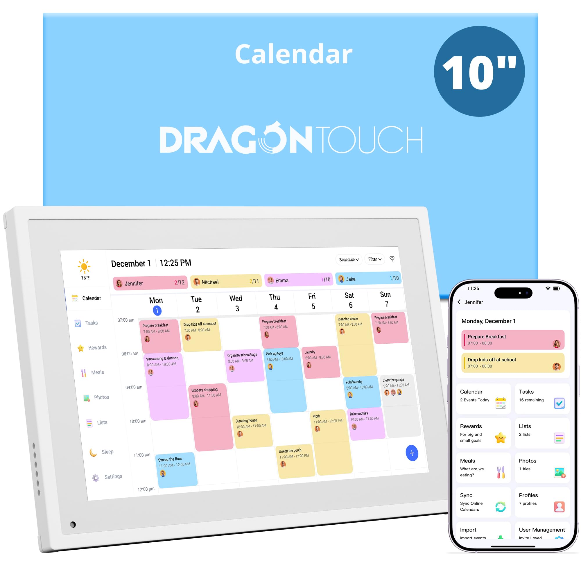 Dragon Touch 10,1 Zoll Digitaler Kalender - Elektronischer Familienplaner mit 32GB Speicher, Digitaler Terminplaner Touchscreen Intelligenter Tischkalender-Weiß