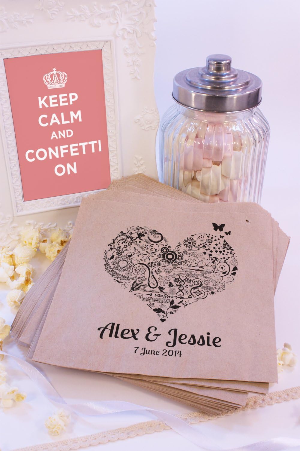 Personalised Brown Kraft FLORAL SWIRL HEART x50 Candy Bags