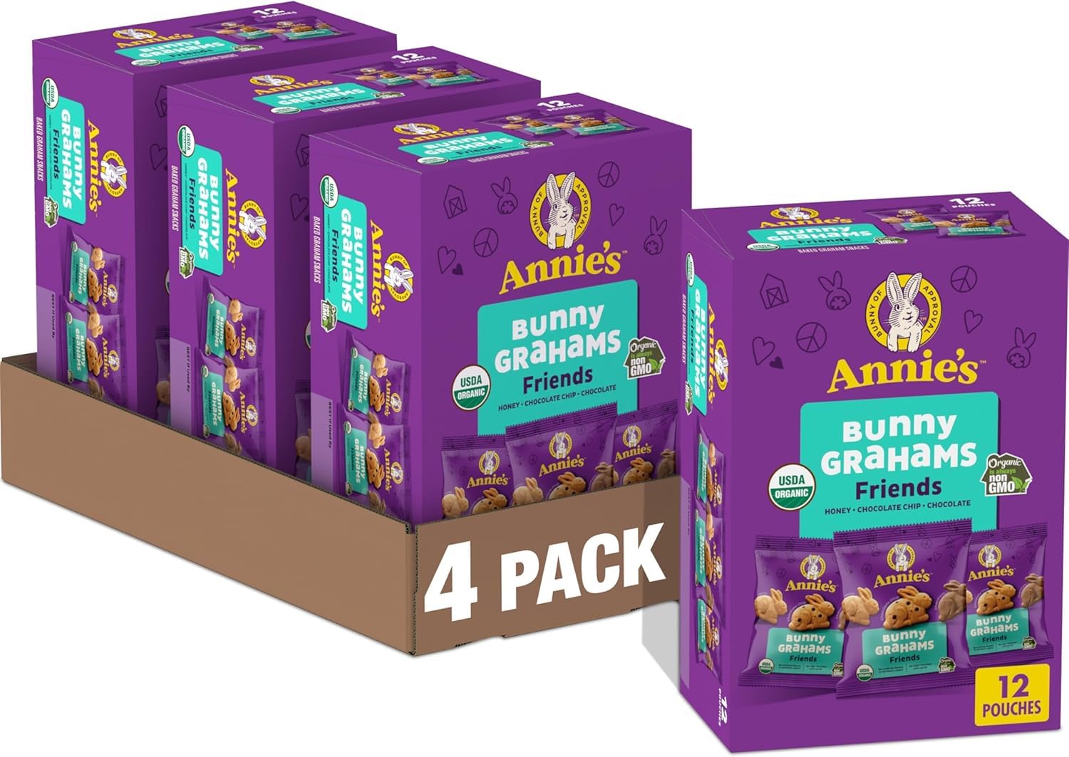 Annie's Organic Friends Bunny Grahams, Chocolate Chip, Chocolate, and Honey Baked Graham Snacks, 12 Pouches, 12 oz (Pack of 4)