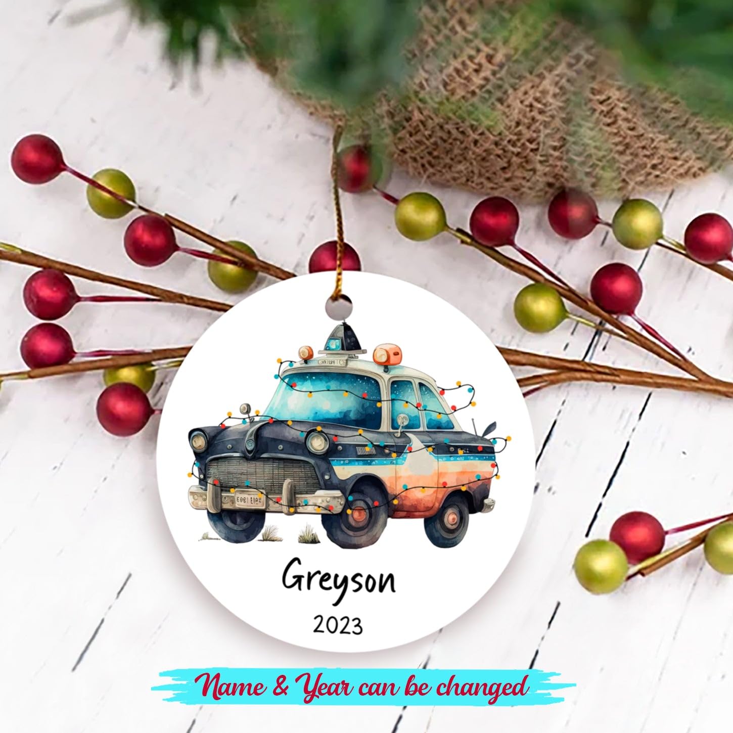 Personalized Police Car Kids Ornament - Christmas 2024 Gift, Custom Year & Name Police Car Lover Ornaments