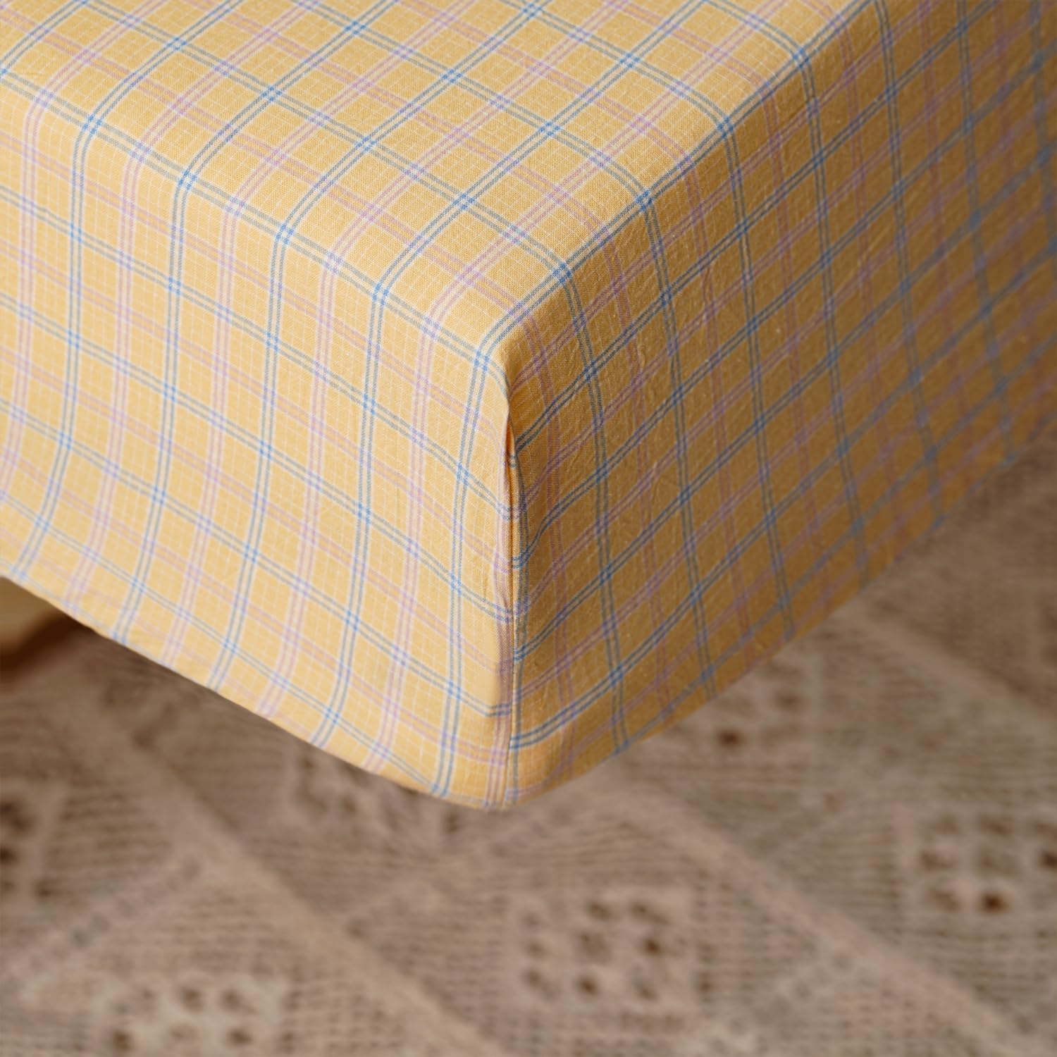4Pieces Yellow Blue Plaid Print Toddler Bedding Sets Cotton Toddler Bedding Comforter Sets Soft Breathable Kids Bedding Set with Comforter, Fitted Sheet, Flat Sheet & Pillowcase, for Boys Girls