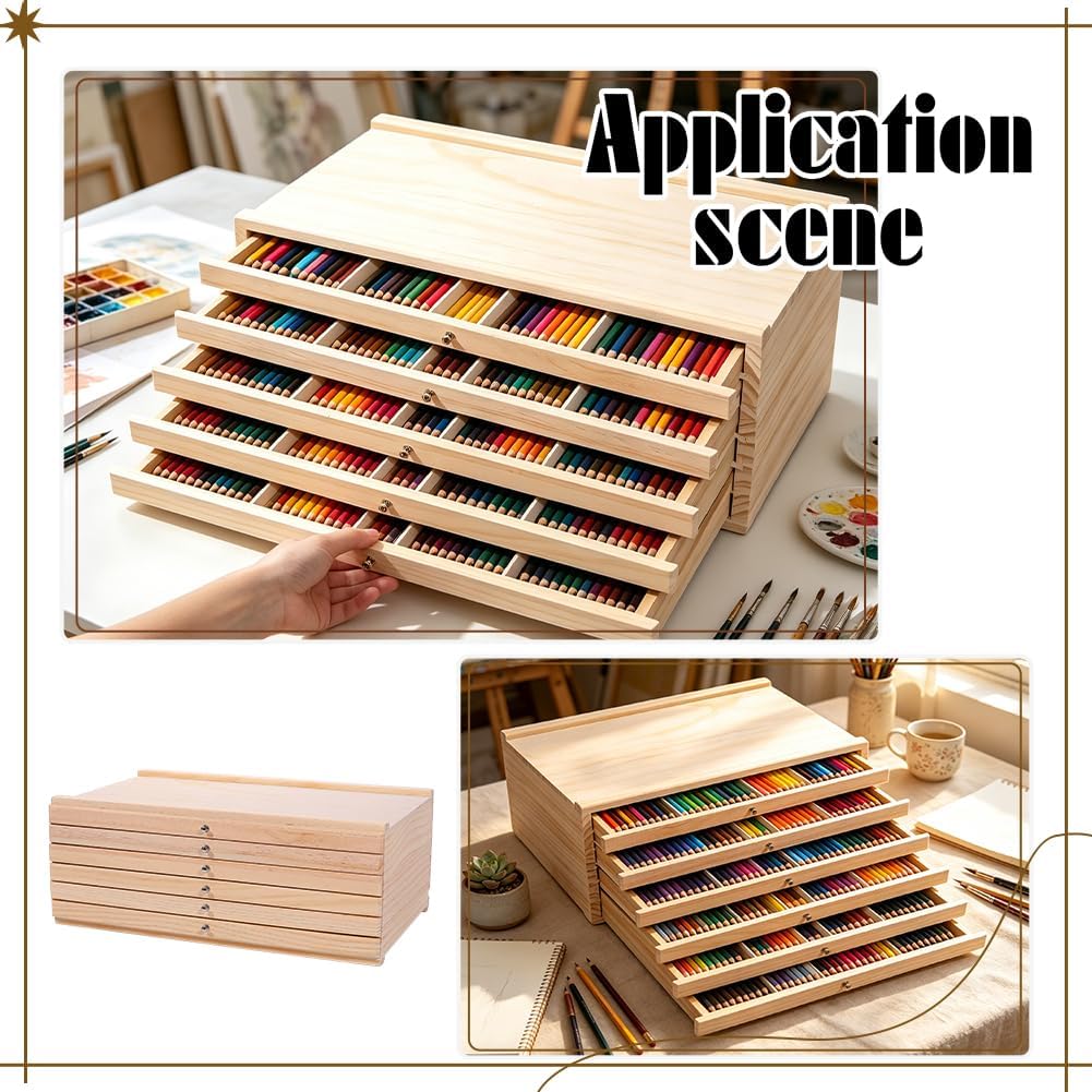 WADORN 6 Drawer Art Supply Storage Box with Removable Dividers, Pine Wood Artist Tool & Brush Storage Organizer Case Box for Paints Markers Pencils Brushes Studio and Home Art Furniture