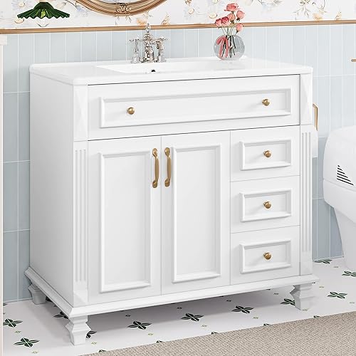 36" Bathroom Vanity Cabinet with Ceramic Countertop Sink Combo Set, Solid Wood Frame, Tilt-Out Drawers and Three Right Side Drawers, Soft Closing Door Hinges, Vintage Style, White