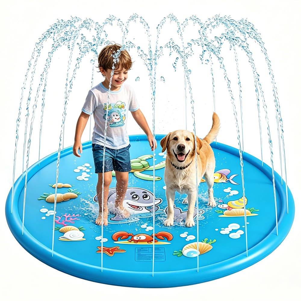 100cm Splash Pad for Kids, Outdoor Sprinkler Play Mat, Sprinkle and Splash Water Play Mat, Garden Beach Spray Mat for Summer Garden Beach Backyard for Pets Girls Boys (Blue)