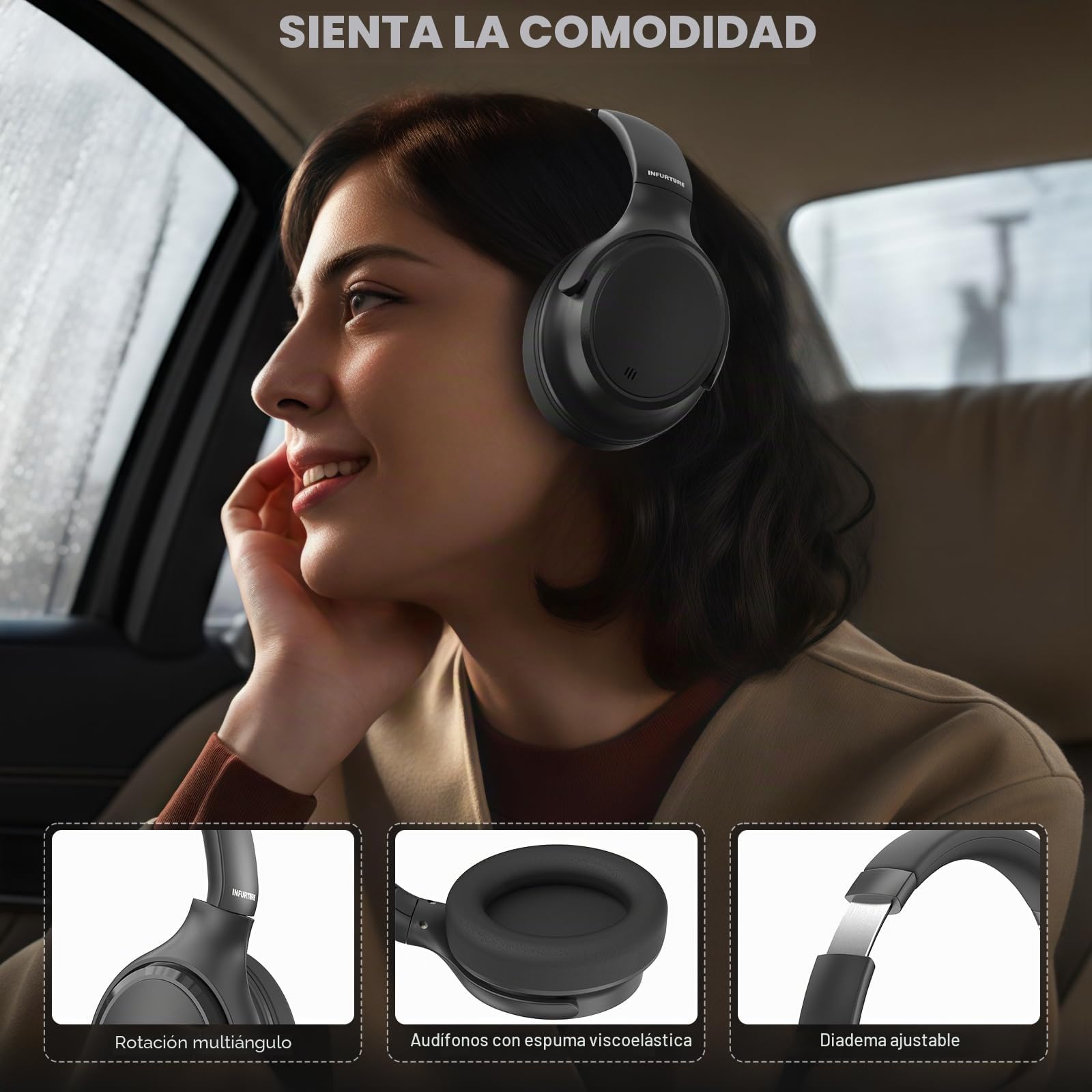 INFURTURE Auriculares Inalámbricos Bluetooth, Activa de Ruido con Modo Ecualizador, Bluetooth5.3 & 3.5 mm, Tiempo de Reproducción de 90 Horas, Regalos para Hombres, Mujeres, Adolescentes