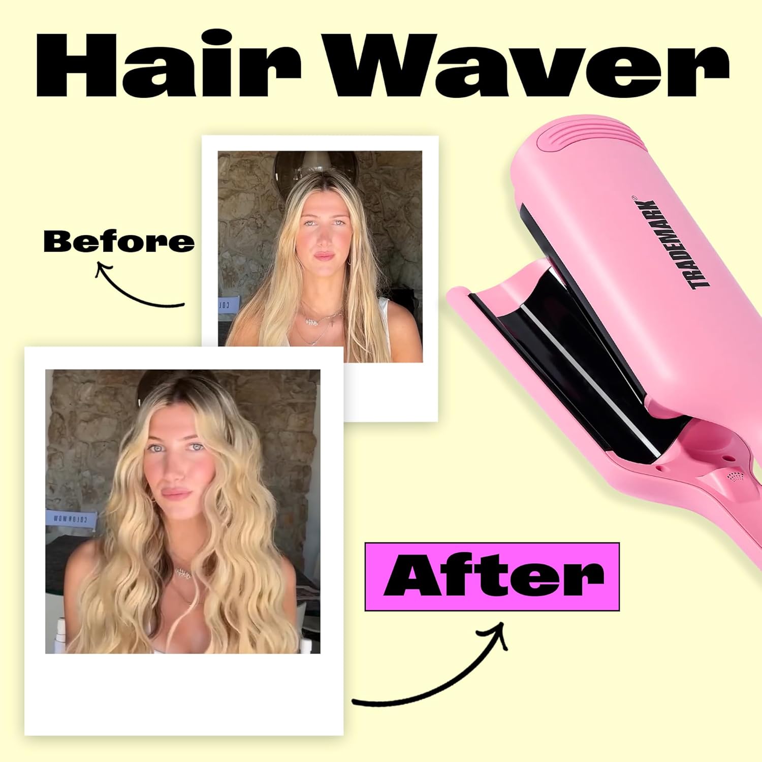 Trademark Beauty Hair Waver - Double Barrel Hair Crimper, Beach Waves Curling Iron, Babe Waves X, Adjustable Temperature Hair Curler, Hair Styling Tools, 1.25" - Pink
