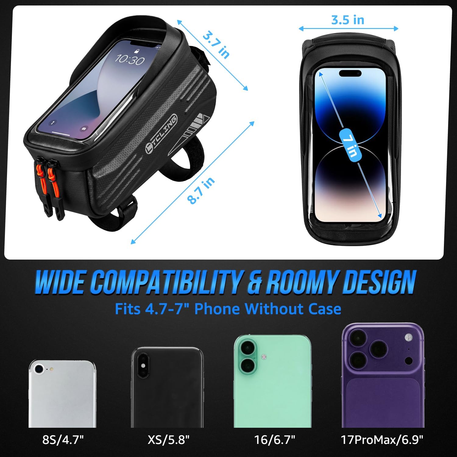 WOTOW Bike Frame Bag - Waterproof Bicycle Top Tube Bag with TPU Sensitive Touch Screen & 1.9L Capacity, EVA Hard Shell Phone Holder Mount Bag, Compatible with 4.7-7" Phones with Case