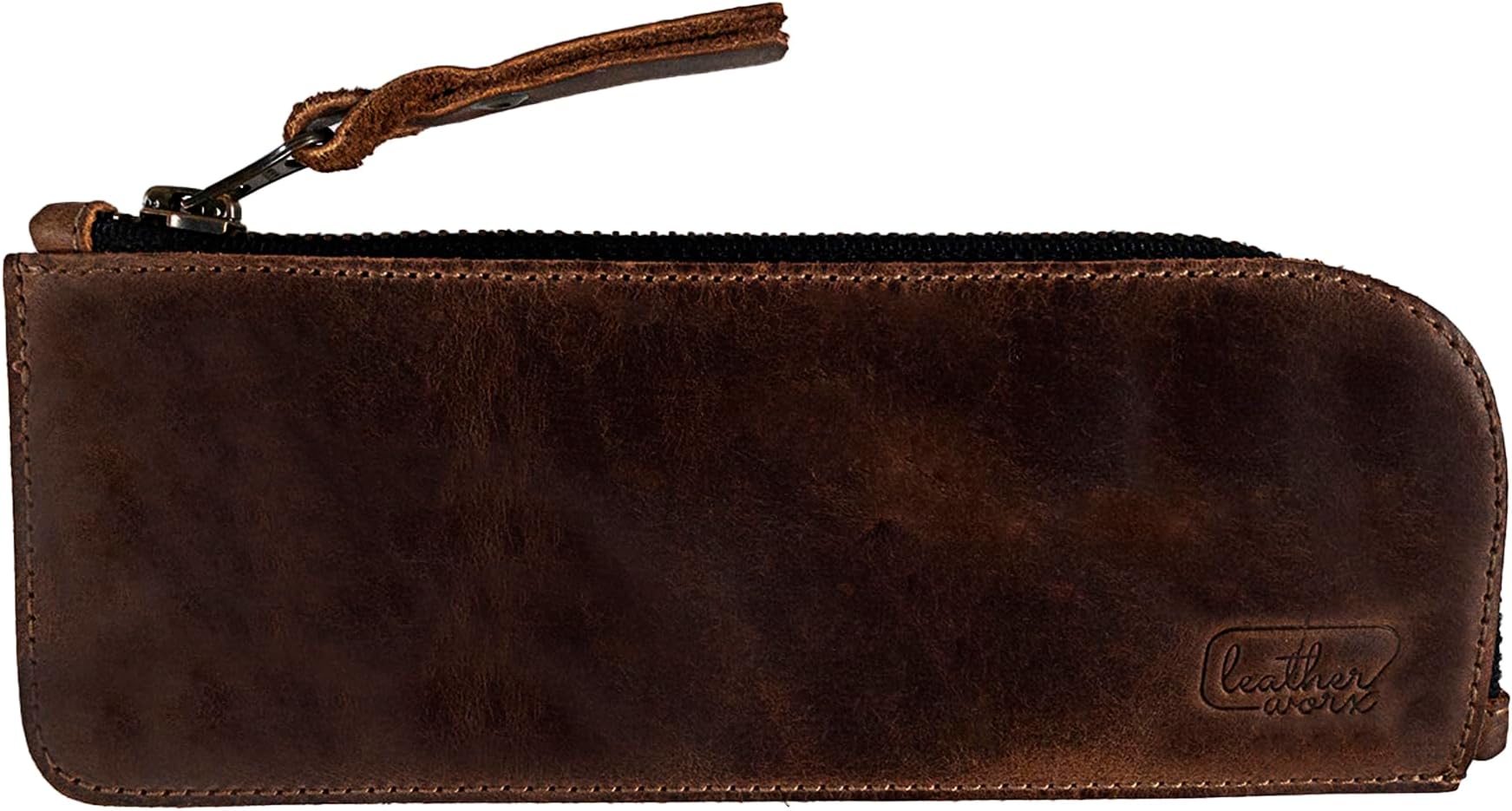 Full Grain Leather Flat Pencil Pouch, Curved Pen and Marker Case for Men and Women, Zippered Bag for Work & Artists Accessories, Bourbon Brown