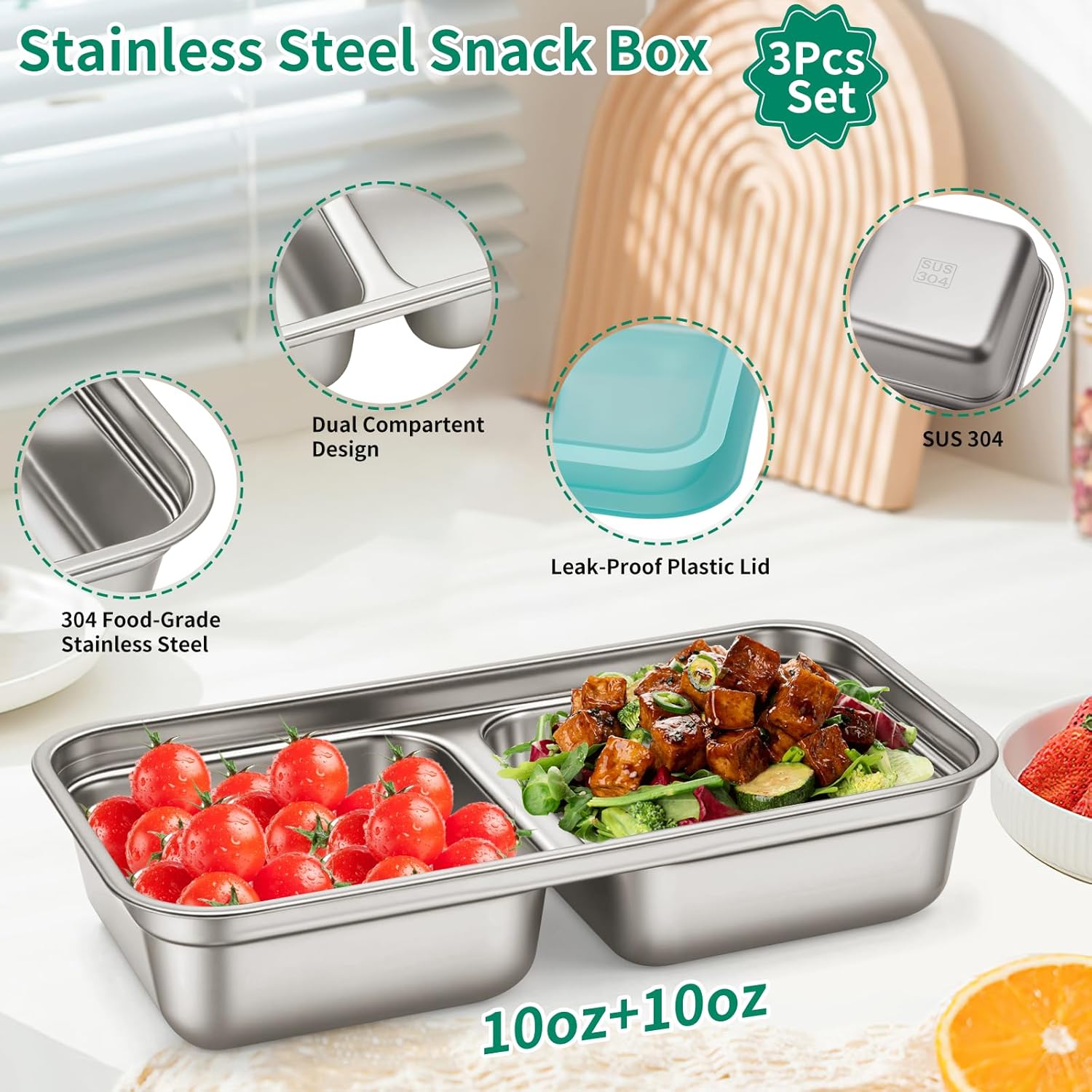 3 Pack Leakproof Stainless Steel Snack Containers with Secure Sealed Lids, Reusable 2 Compartment Bento Boxes for Lunch Prep, Travel, School & Office Stainless Steel Lunch Box - Image 2