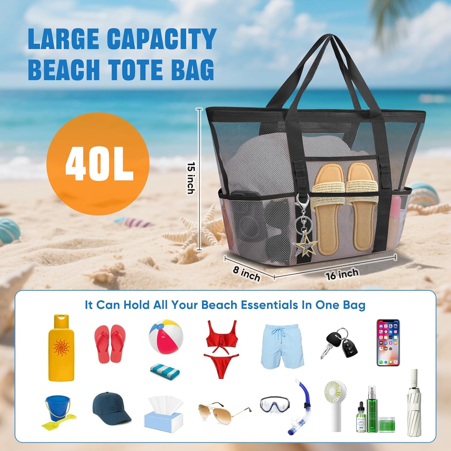 Large Mesh Beach Bag for Women, Sandproof 9-Pocket Beach Tote Bag, Quick-Drying Pool Bag for Travel Vacation