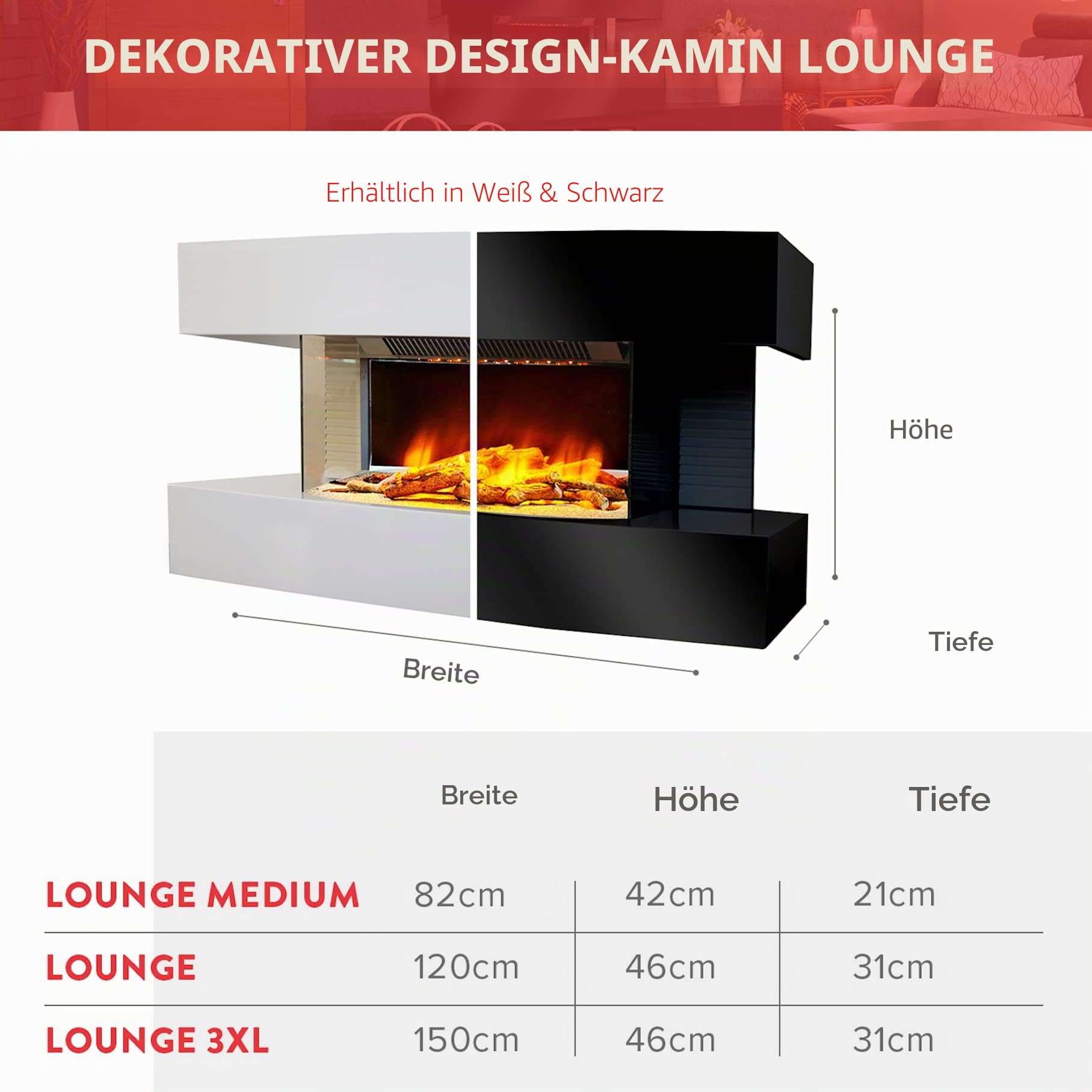 CHEMIN'ARTE Elektrokamin - Wandkamin Elektrisch 120x46zm - Lounge mit heizung 2000W - Weiß - Kamin deko - mit Fernbedienung - LED-Flammeneffekt
