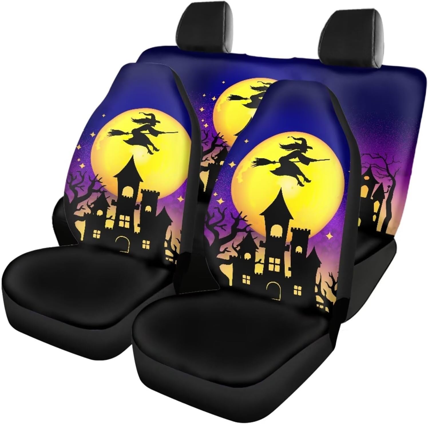 PinUp Angel Beige Black Cat Bat Pumpkin Print Full Car Seat Covers for Front and Rear Seats, Cute Cartoon Skull Patterned Interior Seat Covers for Auto Truck Van SUV for Halloween Party