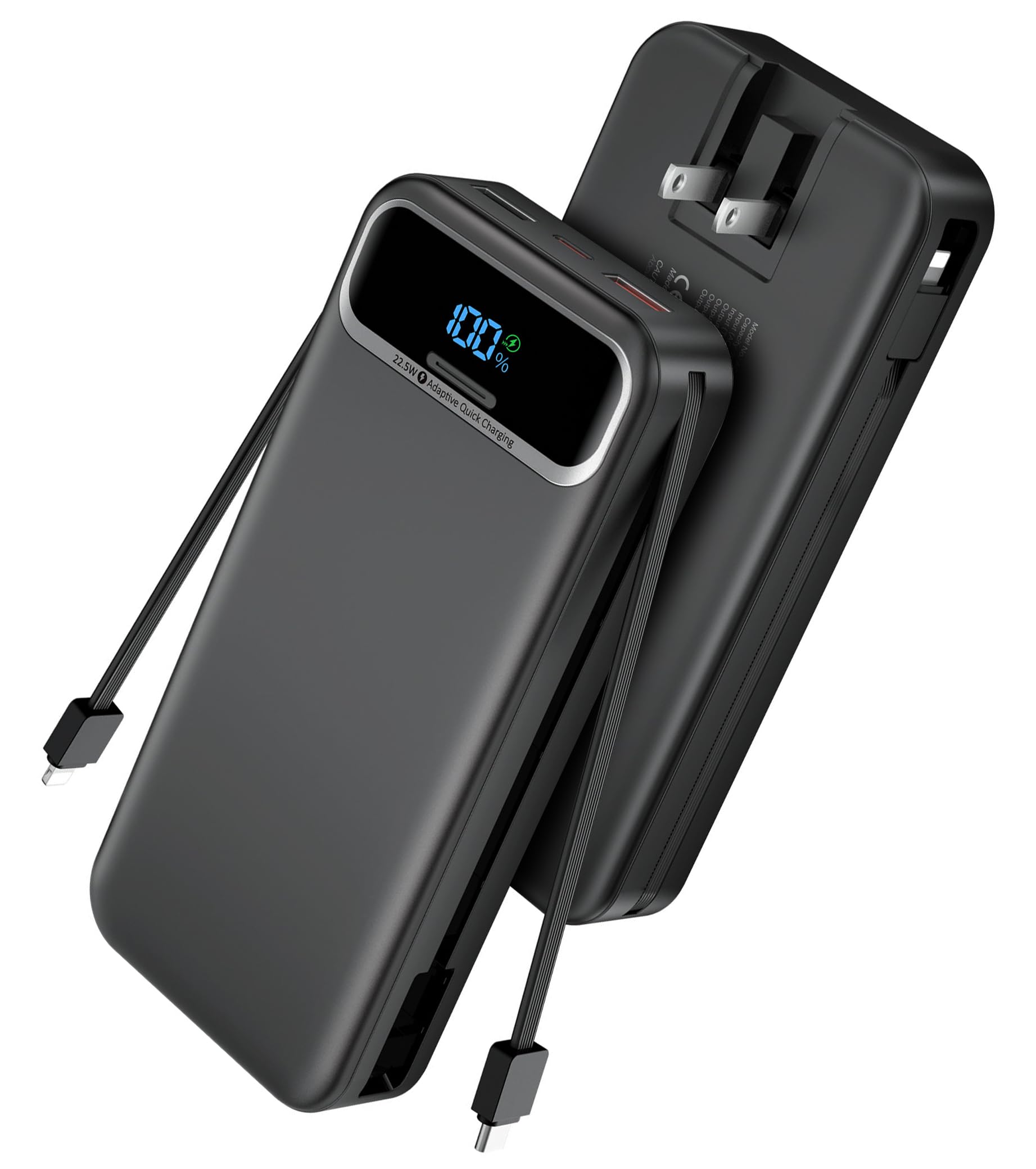 Portable Charger Power Bank with Built in Cables and AC Wall Plug,PD20W&SCP22.5W USB-C Super Fast Charging,20000mAh Travel Phone Charging,LED Display Battery Pack Compatible All iPhone Samsung etc