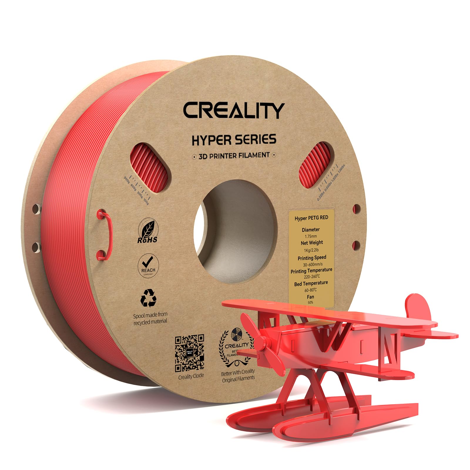 CREALITY Hyper PETG Filament 1.75mm 3D Printer Filament, Up to 600mm/s High Speed Rapid PETG, 1kg (2.2lb) Neatly Wound Cardboard Spool, Dimensional