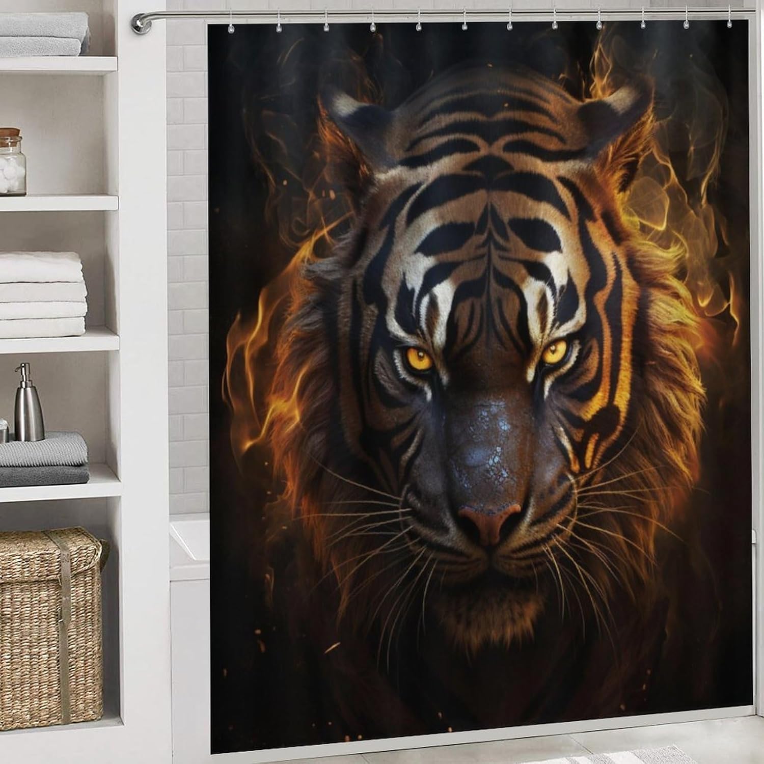 4 Piece Cool Flame Tiger Shower Curtain Set with Rugs, Include Fantasy Mystery Animal Bathroom Non-Slip Floor Mat, U-Shaped Bath Rug and Toilet Cover Lid with 12 Hooks