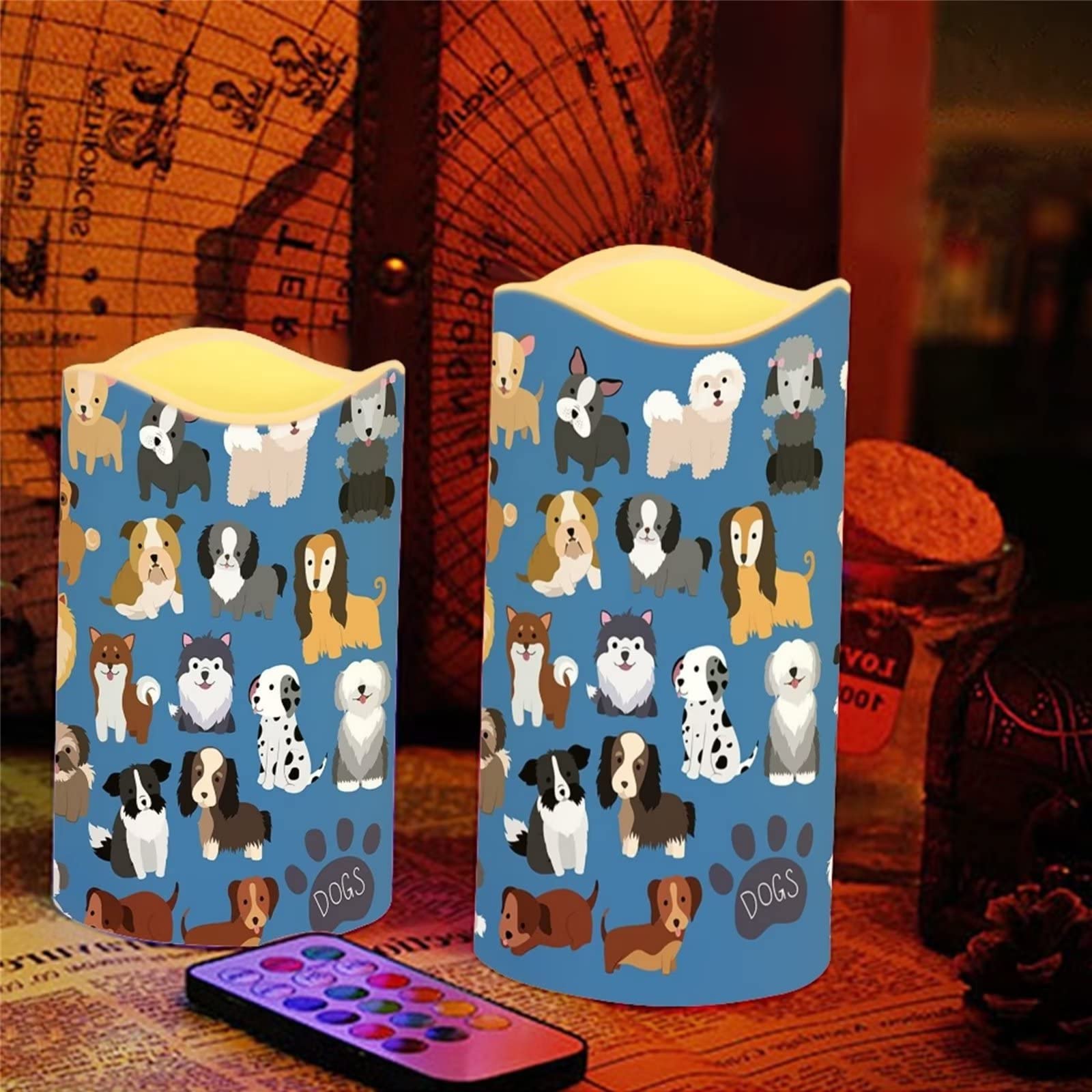 DISNIMO Candele a forma di cane senza fiamma, pilastro a batteria in vera cera tremolante, set regalo elettrico con telecomando in bicicletta 4/8 ore Timer D: 8 "x H: 6,9" 14,5 cm Confezione da 4