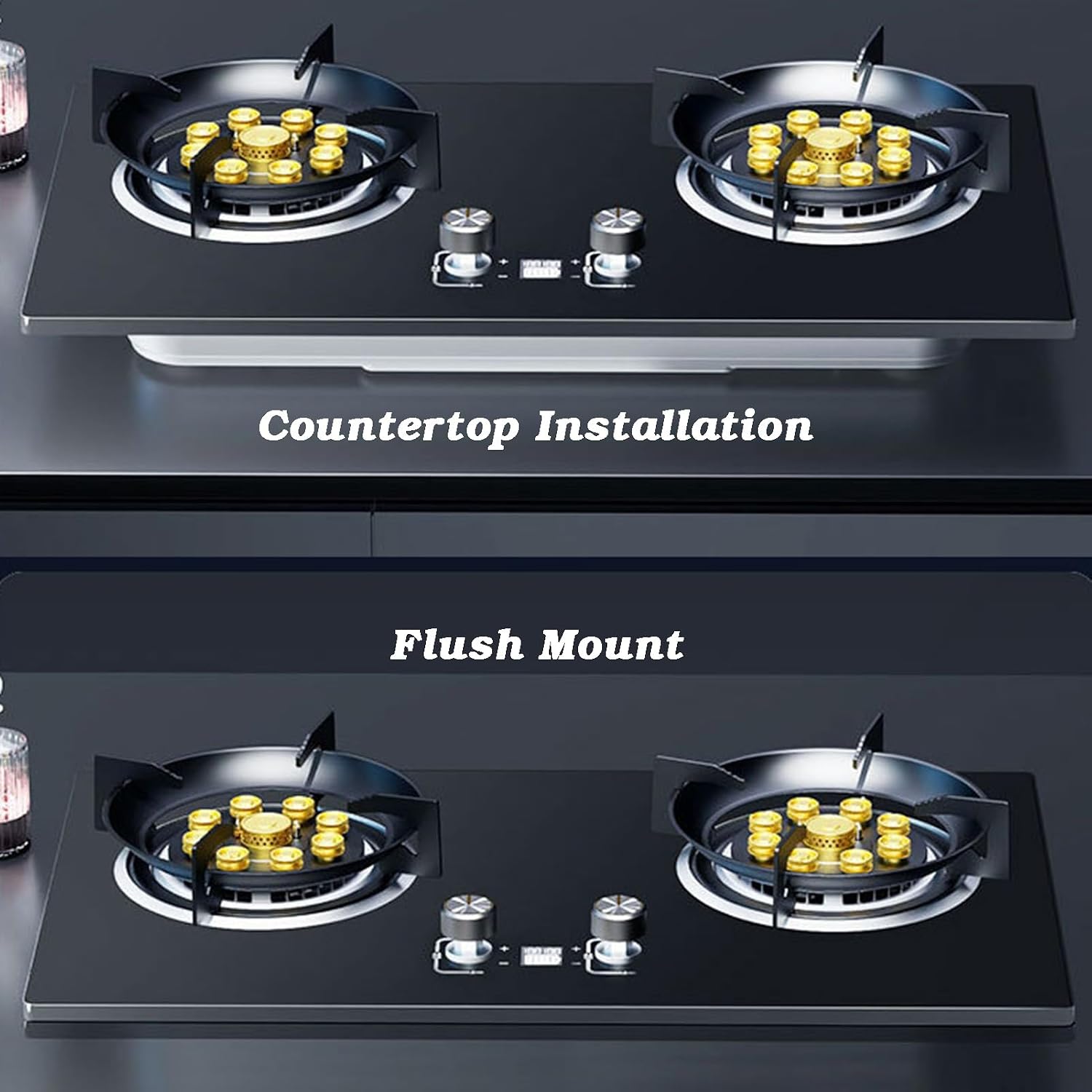 2 Burners Gas Hob,5.2kw 9-Cavity High-fire Frying Pan,Tempered Glass Countertop,Dual-Side Independent Timer,with Flameout Protection,NG/LPG Gas Source Kit(LPG)