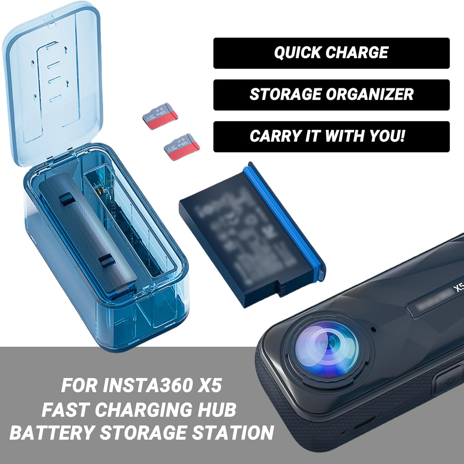 Insta 360 X5 Fast Charge Hub, USB-C, Intelligent Charging for Insta360 X5 Batteries with Misro SD Card Slots