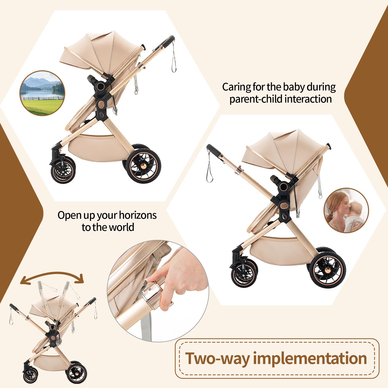 BEBBY Cochecito de bebé 3 en 1,Carrito Bebe 3 en 1 Con Asiento, Cochecitos Portátil Plegable Con, Carricoche Combinado Paisaje Alto Marco de Aluminio Para Recién Nacido (U9-X-BEIGE, U9-X)