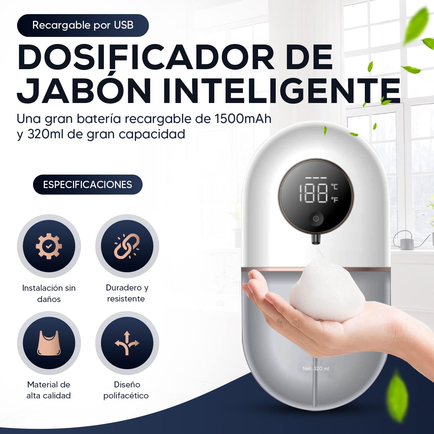 Dispenser gel bagno doccia (bianco) DENSAC Dispenser di sapone automatico senza contatto, dispenser disinfettante per le mani 320 ml adatto per cucina, bagno, albergo..