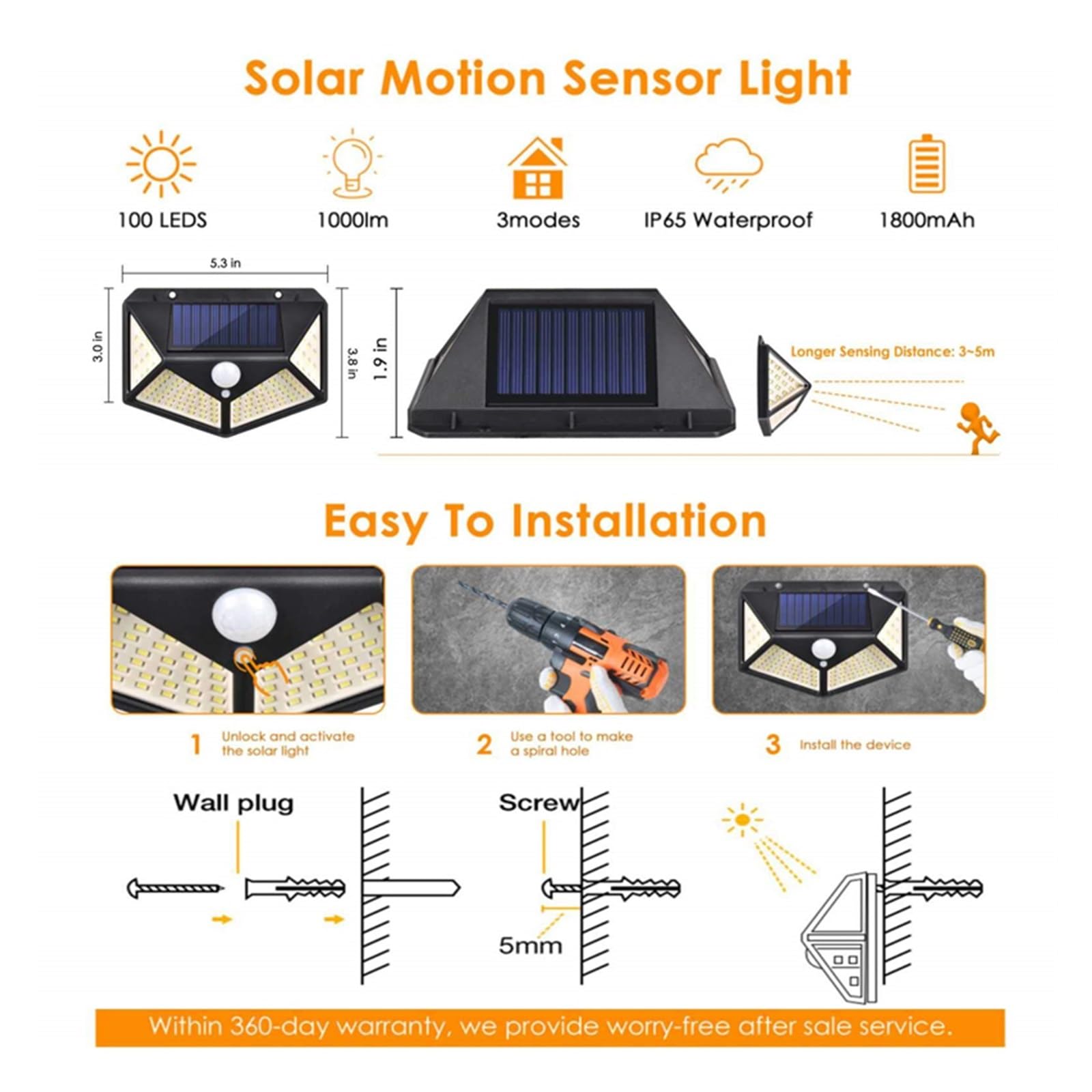 Luces solares al aire libre 100 LED Sensor solar Luz de movimiento 3 modos Lámpara inalámbrica solar al aire libre IP65 Luces de pared impermeables(6PCS)